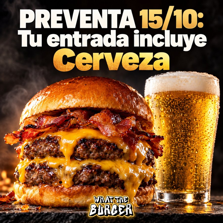 Hamburguesa doble con cheddar y panceta al lado de una cerveza, con el texto PREVENTA 15/10: Tu entrada incluye Cerveza y el logo de What The Burger